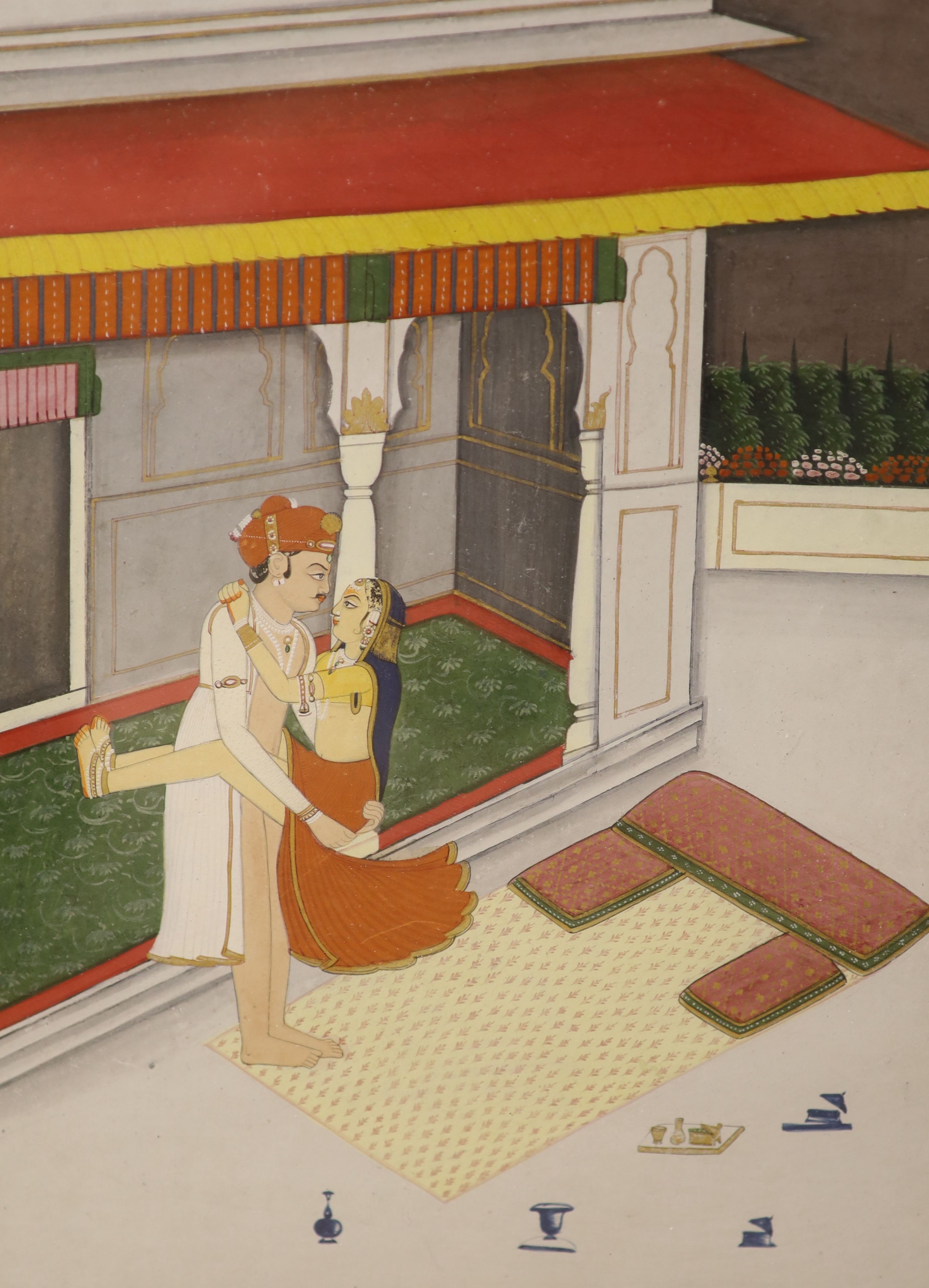 Jaipur School, three gouaches, Erotic subjects, largest 26 x 19cm